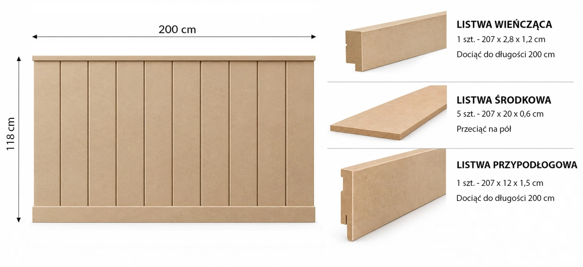 Boazeria ścienna LOFT MDF surowa do malowania - długość 200 cm, wysokość 118 cm