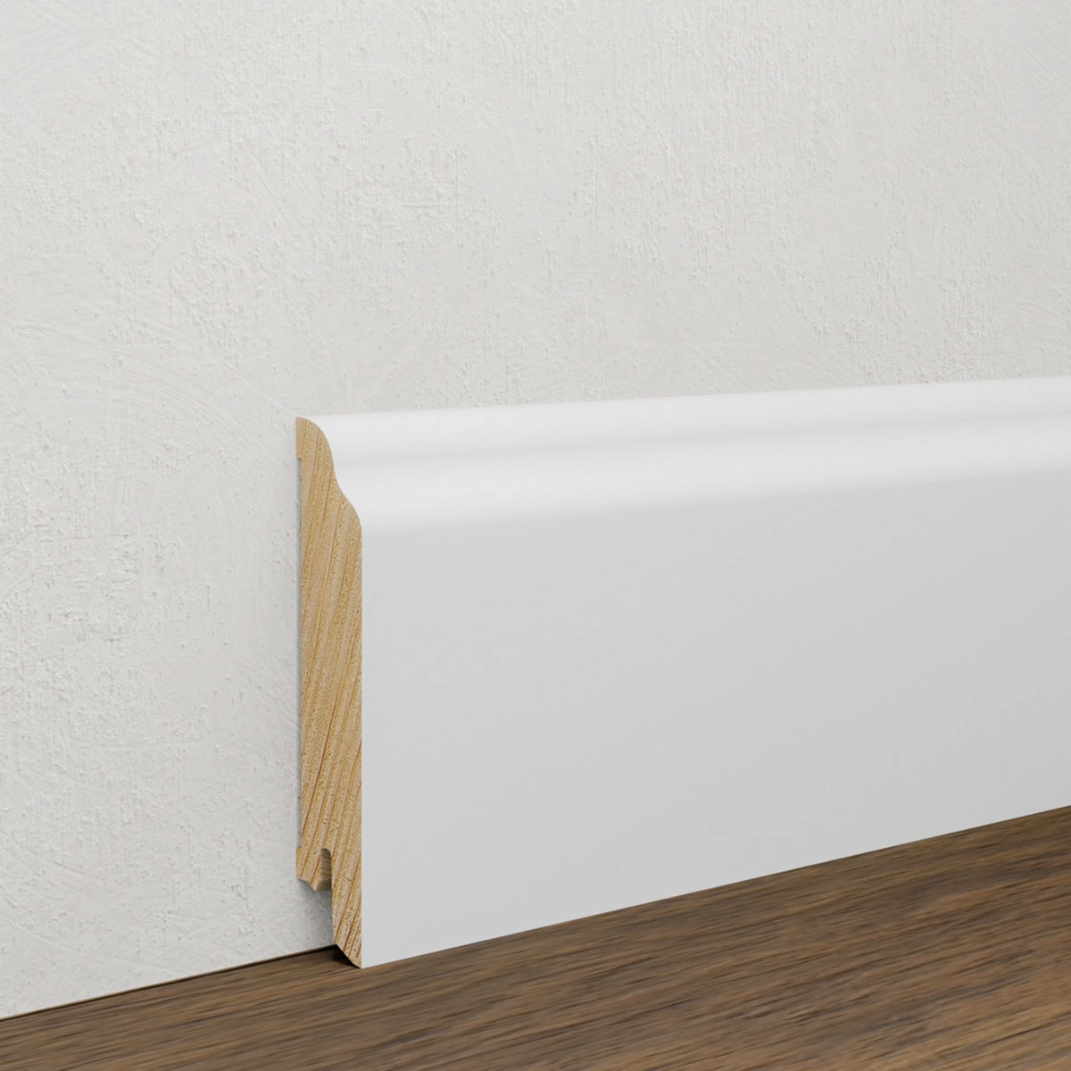 Drewniana listwa przypodłogowa świerkowa Premium – biała, powłoka Polyblend, 8 cm