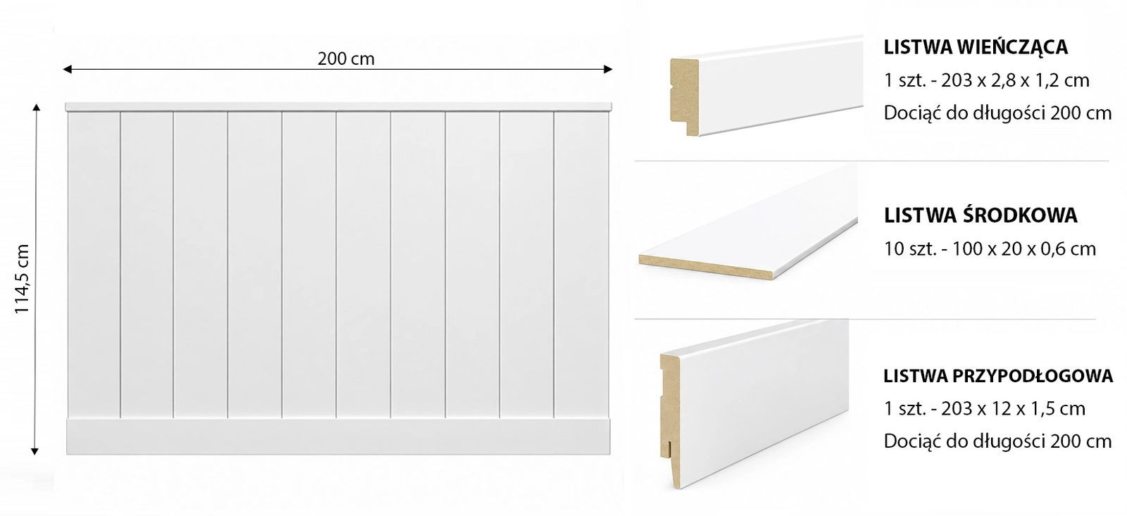 Boazeria ścienna LOFT do malowania - długość 200 cm, wysokość 114,5 cm + Farba biały RAL9016