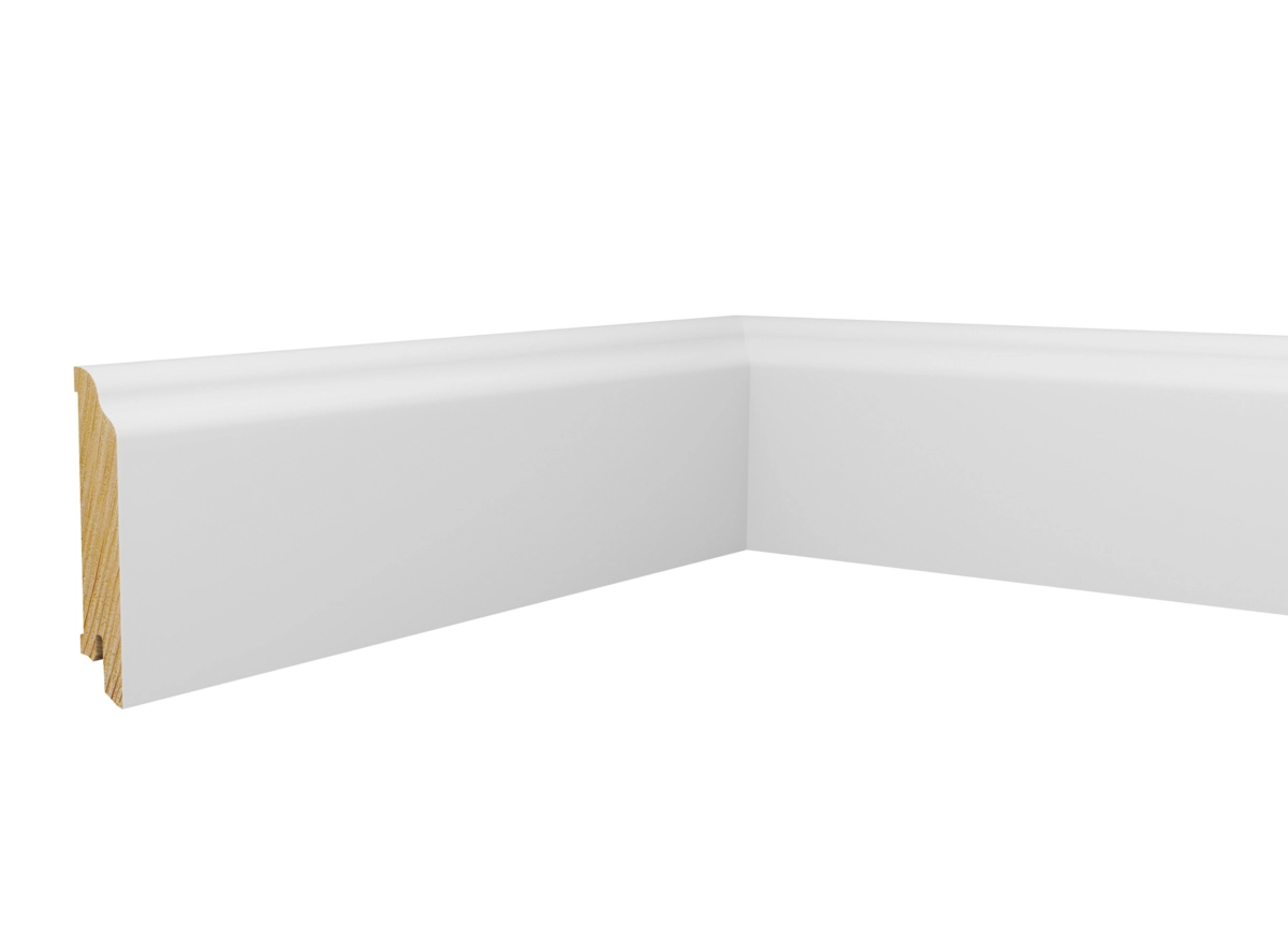 Drewniana listwa przypodłogowa świerkowa Premium – biała, powłoka Polyblend, 8 cm