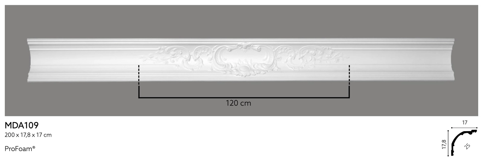 Listwa przysufitowa biała MDA109 wym. 200 x 17 x 17.8 cm, z ProFoam