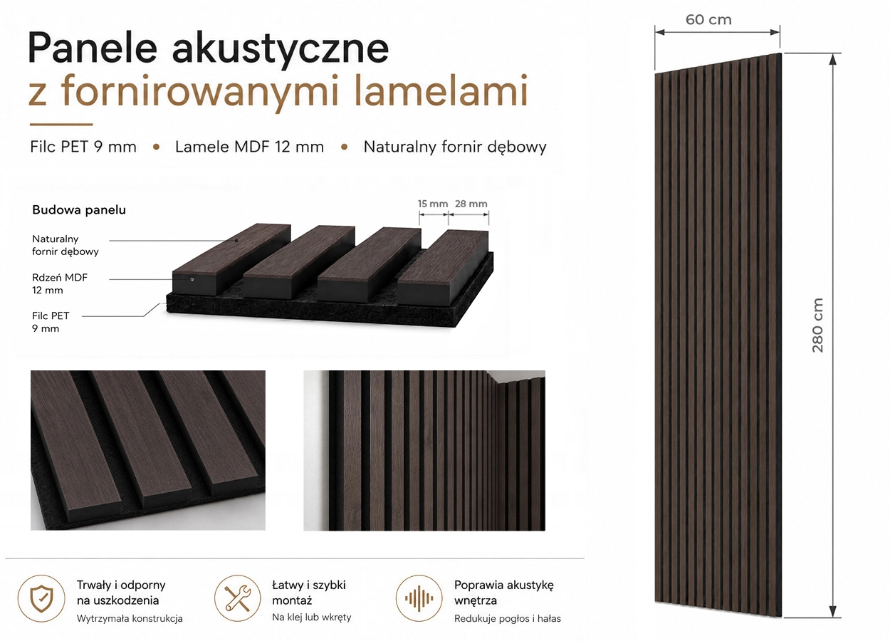Lamele Fornirowane na filcu akustycznym - Dąb Wędzony 60 x 280 cm